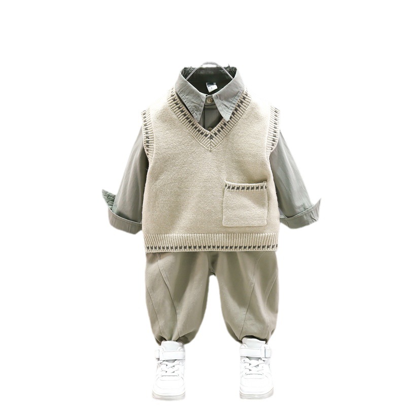 4283 traje de ropa de otoño para niños 2023 nuevo estilo occidental Bebé Suéter para niños chaleco camisa conjunto de tres piezas bebé primavera y otoño