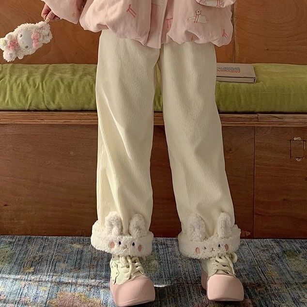 Loose Casual Pants Cute Rolled-Up Soft Girl Thickened Student Straight Japanese Corduroy Wide-Leg Cute Autumn and Winter Fleece-Lined