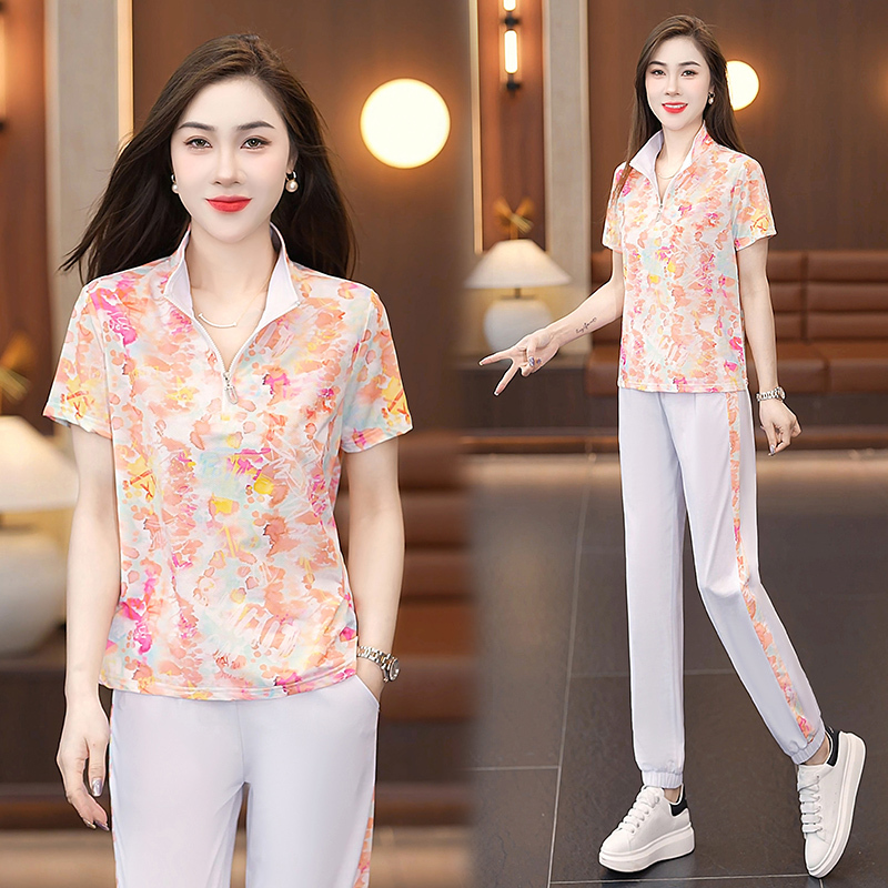 Stand-Collar Stylish Printed Ice Silk Sportswear Set for Women, Summer Fashion 2026 New Casual Plus-Size Two-Piece Set