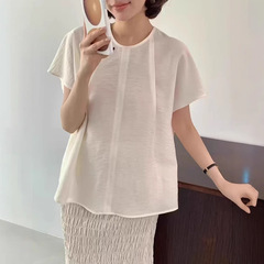 韓国*egg2025夏スタイル蓮の葉スリーブシフォンレースアッププリーツ半袖シャツ女性用