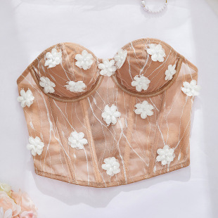 Independent Station Ins Style Handmade Embroidered Three-Dimensional Flower Cut Flower Decorative Steel Ring Cross Tie Fishbone Tube Top Vest