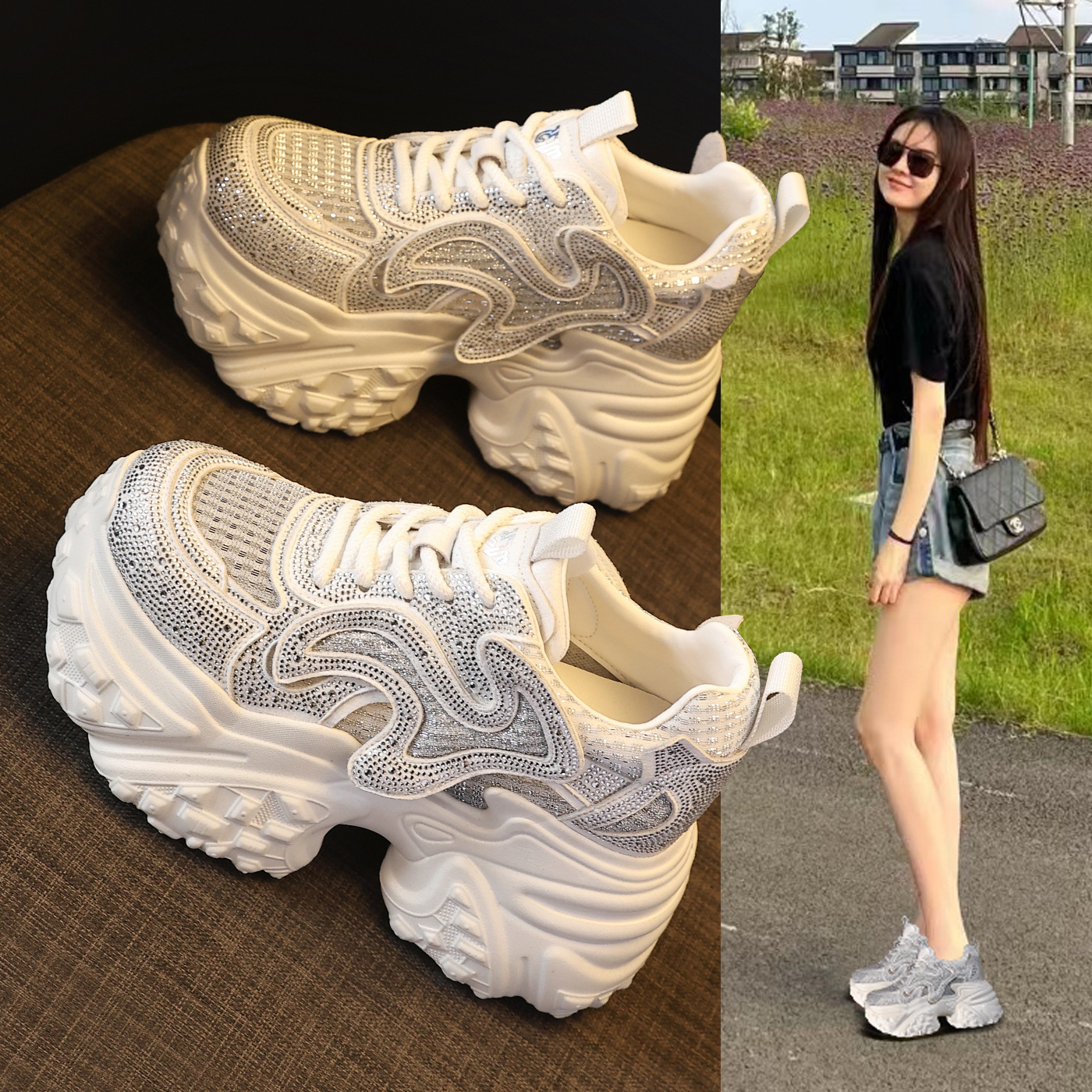 Giày sneaker nữ đế dày chunky lưới thoáng khí tăng chiều cao — màu trắng