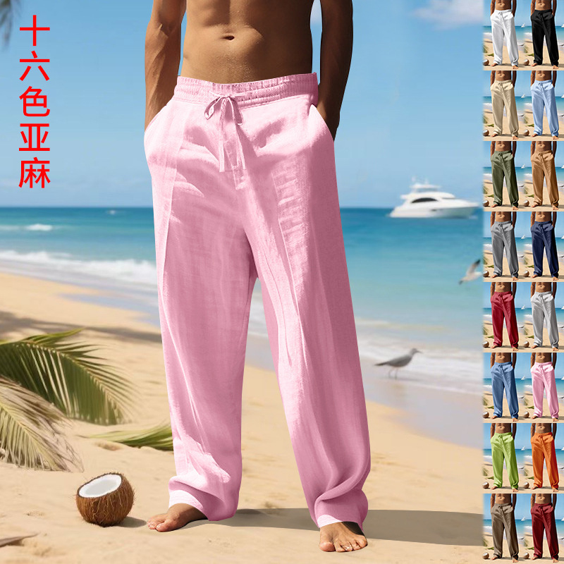 Cross-Border Amazon Autumn 16-Color Linen Pants Men's Beach Sports Men's Straight-Leg Pants Casual Light Mature Casual Wear