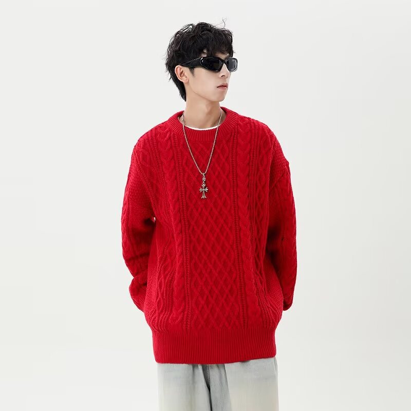 2025 New Year Red Korean Style Casual Style Trendy Brand Crewneck Knit Sweater for Men and Women Design Sense Sweater