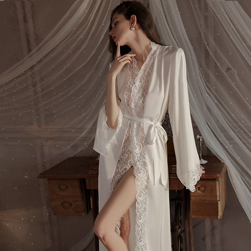 Ice Silk Sexy French Dressing Gown Women's Nightgown Pajamas Women's Summer Palace Lace Long-Sleeved Nightgown Two-Piece Home Clothes
