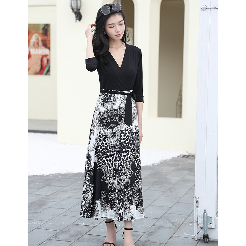 V-Neck Printed Patchwork Lace-Up Elegant Long Dress for Women Pg Dvf Wrap Dress 2025 Summer New Style