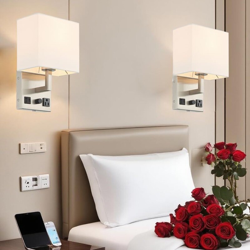 Cross-Border Fabric Wall Lamp with Socket, Metal Night Light, Living Room, Corridor, Dining Room Ambiance Wall Lamp with USB Charging Port