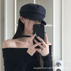 气质款深牛仔平顶八角帽子女夏复古百搭显脸小报童帽时尚画家帽潮