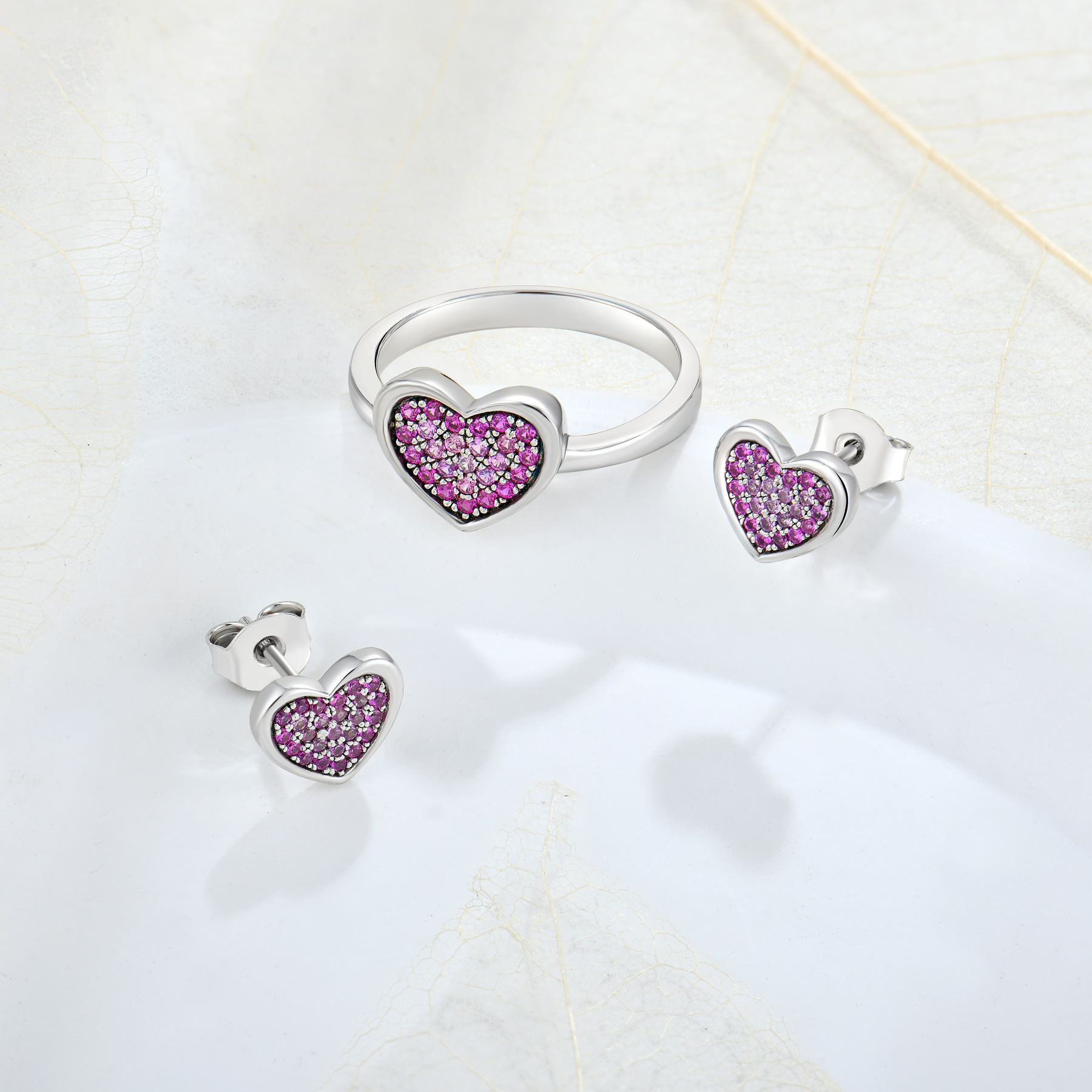 Holiday Occasion 925 Sterling Silver Heart Shape Zircon Rings Earrings
