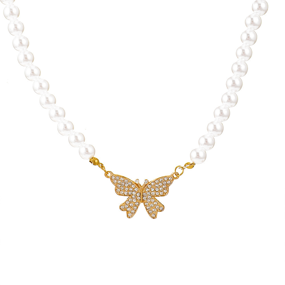 Pearl Butterfly Necklace With Diamond Studs - Minimalist Chic_voghion.com