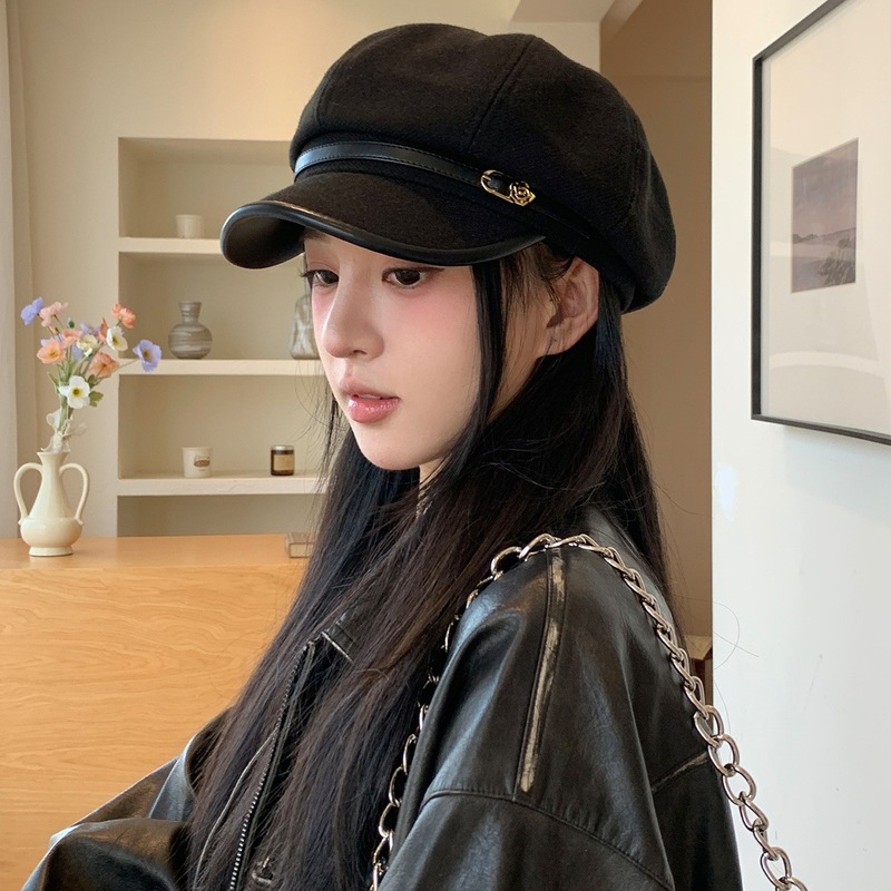 日系复古文艺风黑色鸭舌贝雷帽女休闲百搭气质显脸小八角云朵帽子|undefined