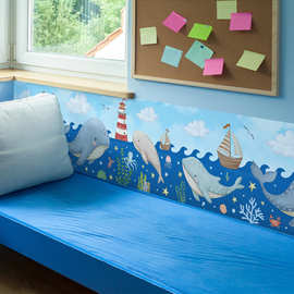 BM2056-KQ卡通蓝色海洋鲸鱼帆船壁纸腰线踢脚线家居装饰墙贴画