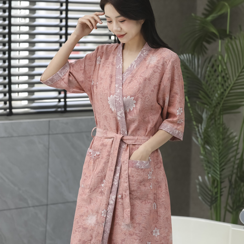 Pure Cotton Yarn-Dyed Nightgown for Women, Spring & Fall Thin Retro Jacquard Pajamas, Bathrobes, Japanese-Style Kimono Steaming Clothes, Home Clothes