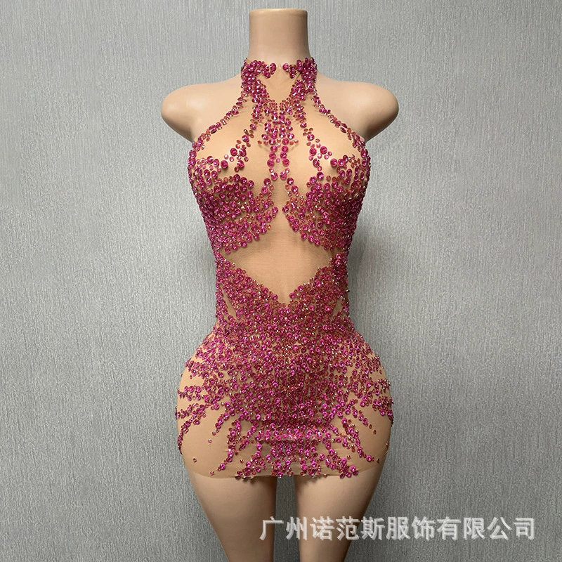 Новая сверкающая розово-красная юбка со стразами, сексуальная юбка с воротником на бретельках, ночная клубная дискотека, сценический костюм, костюм певицы для электронной музыки