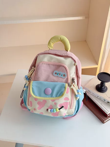 Children's Color-Block Cartoon Backpack, Cute School Bag for Kindergarten, Lightweight and Comfortable for Boys and Girls, Oxford Cloth, Trendy Design