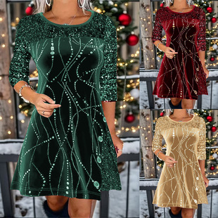 Cross-border Amazon independent station autumn and winter New European and American solid color round neck long sleeve sequin stitching A- line dress women