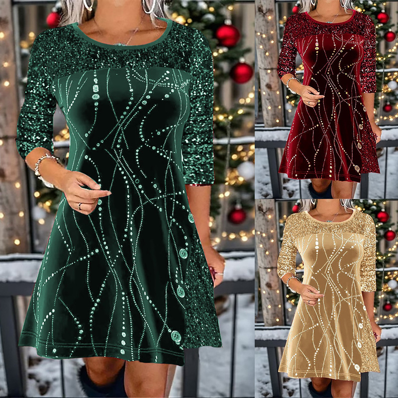 Cross-border Amazon independent station autumn and winter New European and American solid color round neck long sleeve sequin stitching A- line dress women Cross-border Amazon independent station autumn and winter New European and American solid color round neck long sleeve sequin stitching A- line dress women