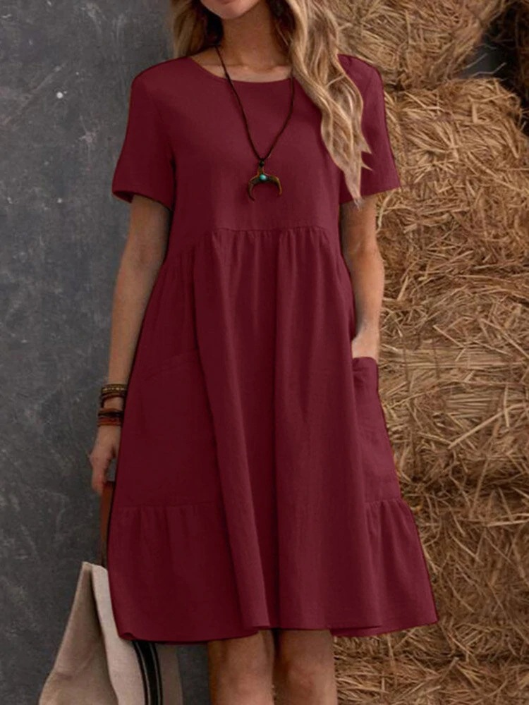 2026 Summer European And American Retro Loose Pocket Solid Color Round Neck Women's Dress_ecoleips.com