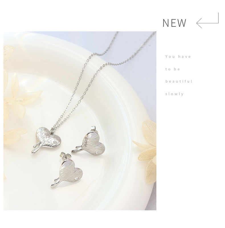 Fashion Heart Shape Titanium Steel Zircon Earrings Necklace