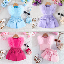 2025欧美INS热销甜美天蓝色女童网纱袖上衣蝴蝶结半身裙套装