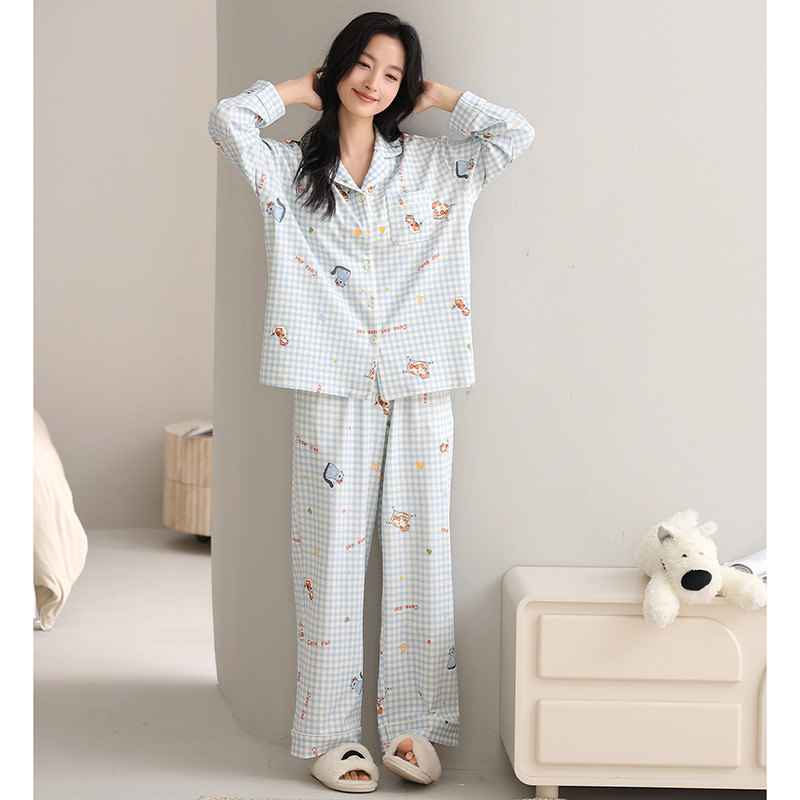 带胸垫一体卡通睡衣女2025秋冬精梳棉开衫长袖套装甜美可爱家居服|undefined