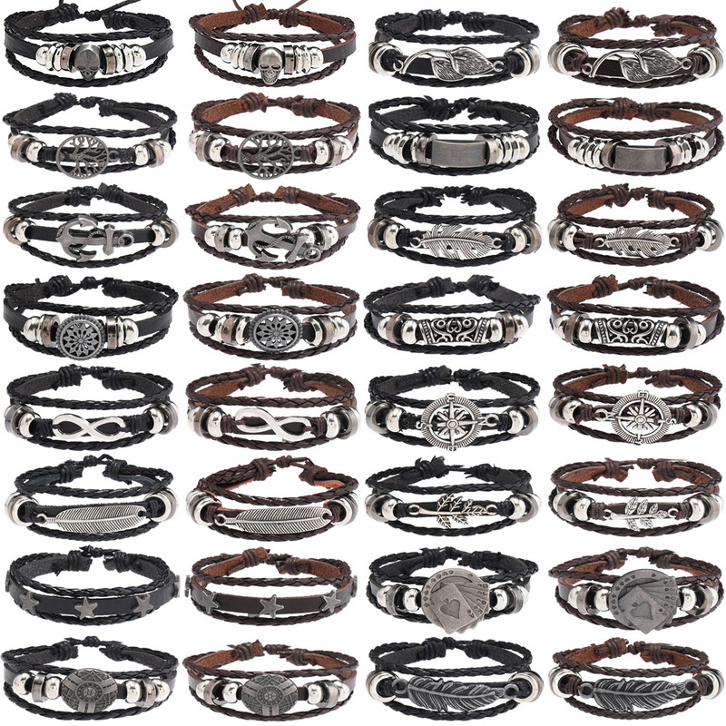 Multi-piece alloy accessories hand-woven diy hand rope men's simple street fashion leather bracelet