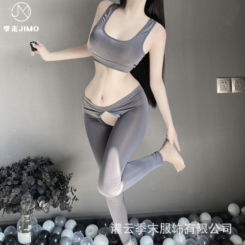 New Fashion Lingerie Sexy Ice Silk Smooth No-Pull Legging Yoga Pants with Elastic Backless Bralette, Pure Desire Set for Women