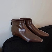 牛皮版~法式百搭方头小踝靴坡跟及踝瘦瘦靴女内增高后拉链短靴女