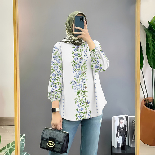 Muslim blouse floral women's shirt button-up Baju Muslim style