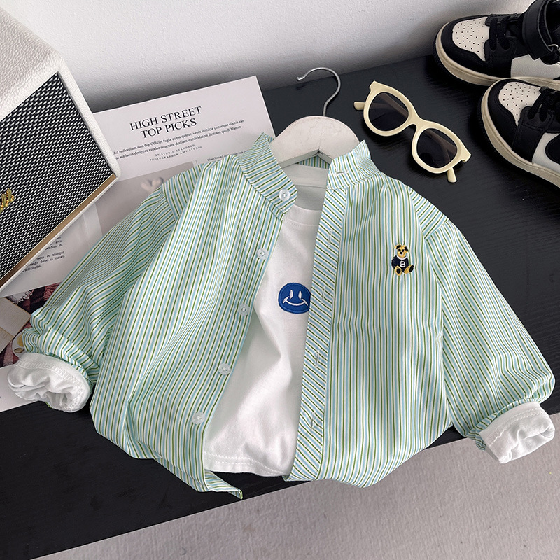 Camisa para niños primavera y otoño 2025 nuevo estilo a rayas para niños chaqueta de punto de manga larga Baita para niños con sal de otoño