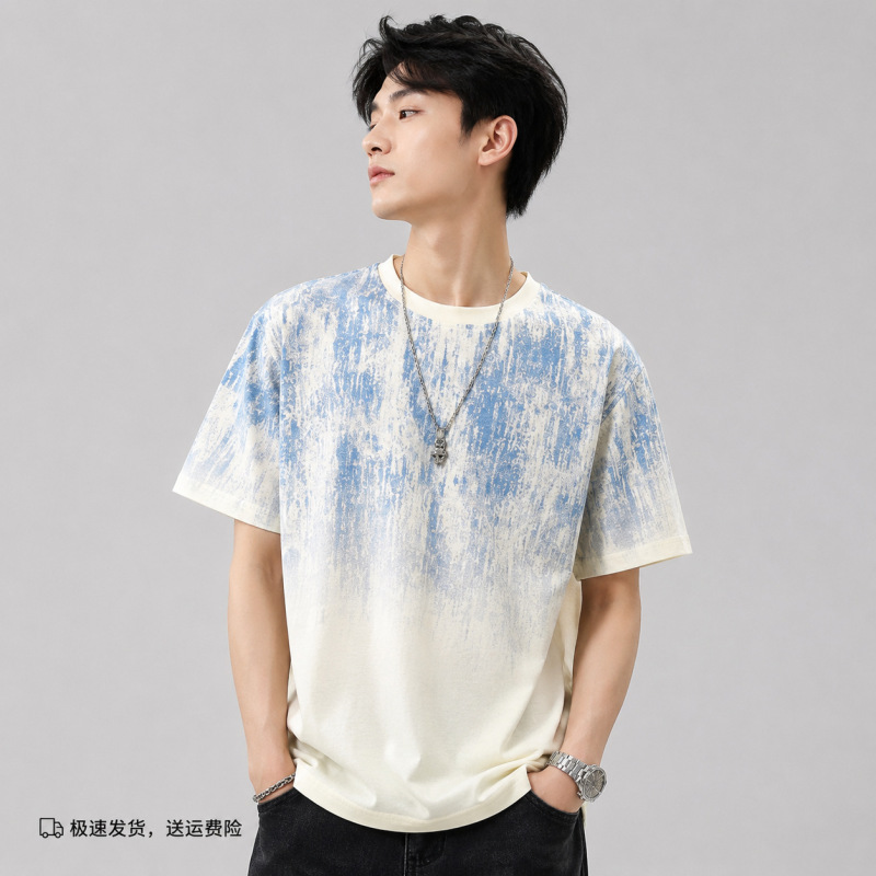 Pure Cotton Short-Sleeve T-Shirt for Men, Round Neck, Gradient Color, Summer Thin Ice Silk Cool Feel, Trendy Brand