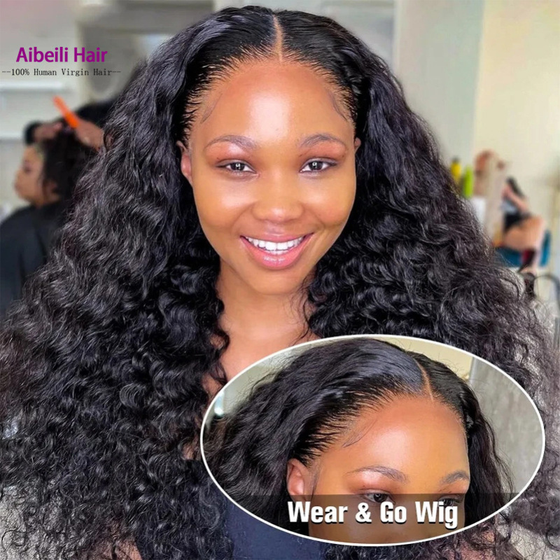 European and American cross-border direct sales 6X4deep wave Gear & Go Wig glueless head cover real human hair Wig curly hair