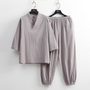 Spring and Summer Chinese Style Cotton and Linen Three-Quarter Sleeve Suit for Men and Women, Tang Suit, Han Suit, Yoga Meditation Suit, Cotton and Linen Two-Piece Suit