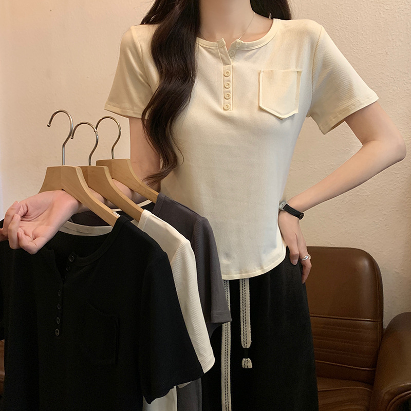 Women's Short-sleeved T-shirt Summer 2024 Japanese and Korean Casual Women's Clothing Pocket Slim-fit Shoulder Short Round Neck Cross-border Top