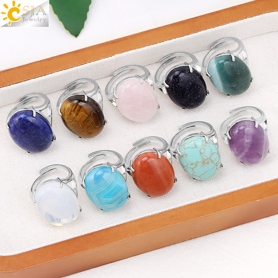 Cross-Border Export Jewelry Wholesale Fashion Simple Natural Crystal Stone Oval Amethyst Live Ring Jewelry