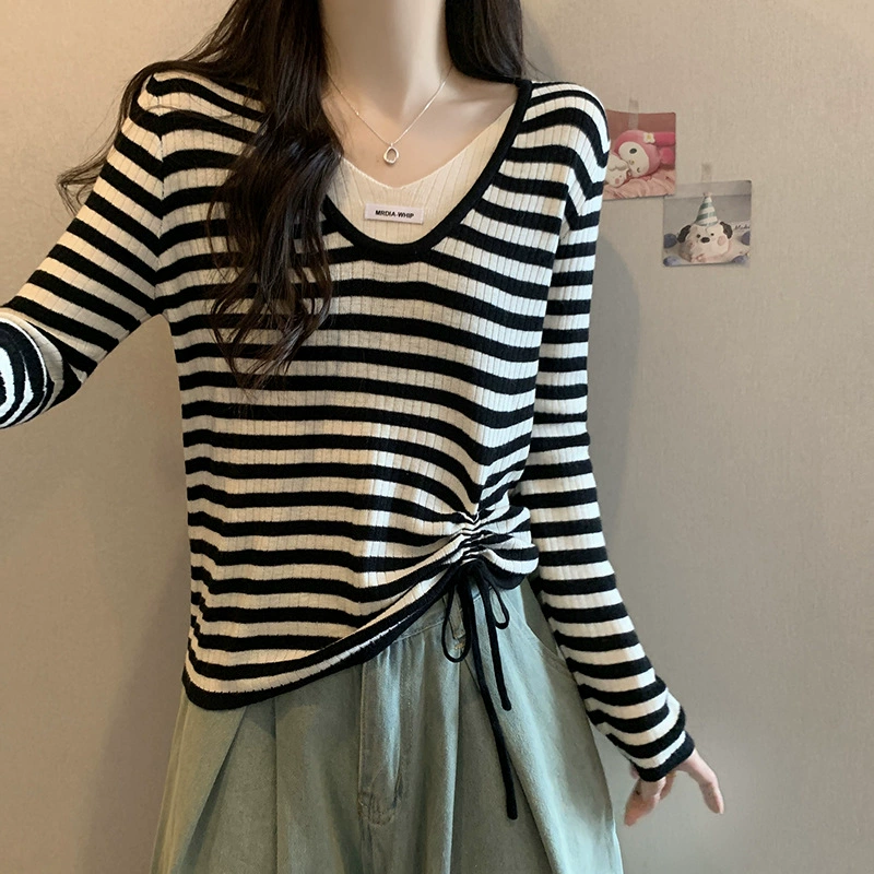 Autumn set, knitted long-sleeve, sweater, plus size, drawstring