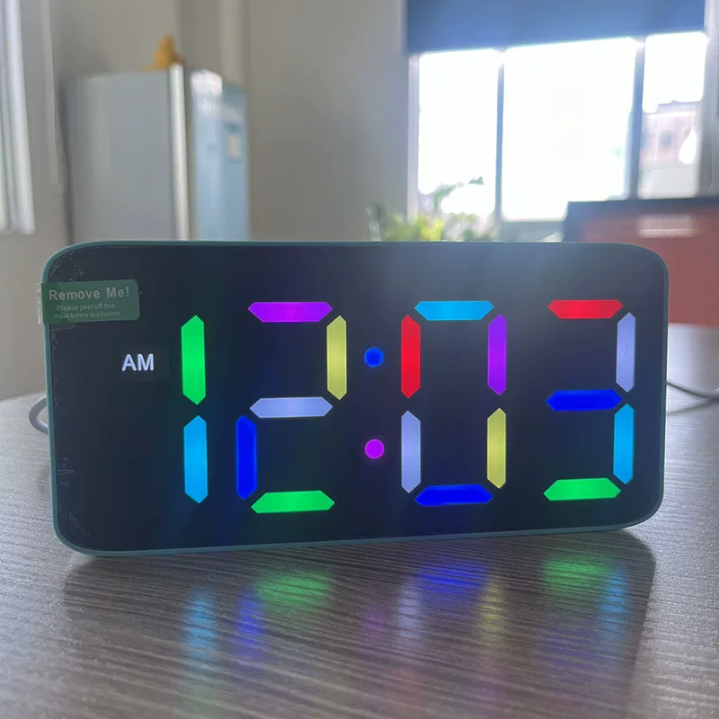 RGB LED Mirror Digital Clock, 7-inch, Large Colorful Display, Alarm with Snooze & Dual USB