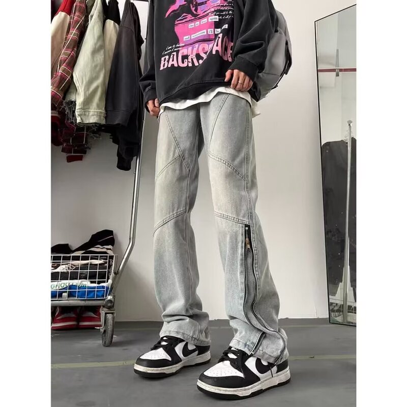 American Style Spring and Autumn Zipper Jeans for Men, Heavyweight Straight-Leg Pants, Trendy Brand, Slightly Flared Casual Long Pants, High Street Style