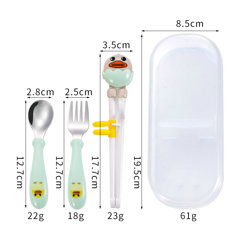 Nuevo acero inoxidable 304 niños dibujos animados palillos de entrenamiento bebé lindo suplemento cuchara tenedor portátil de tres piezas conjunto