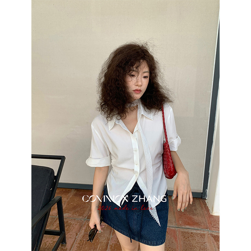 Cz Zhang Summer Lace Ribbon Short Pleated Waist-Cinching Short-Sleeve Shirt for Women, Fresh Tencel Blouse C23138 Cz Zhang Summer Lace Ribbon Short Pleated Waist-Cinching Short-Sleeve Shirt for Women, Fresh Tencel Blouse C23138