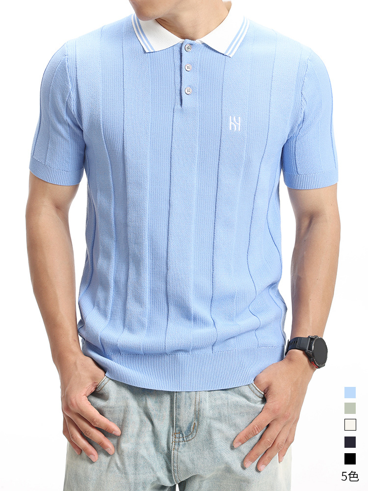 Europa y América transfronterizos de seda de hielo hombre con solapa de punto polo camiseta de verano vieja camiseta de negocios de hombre bordado mangas cortas