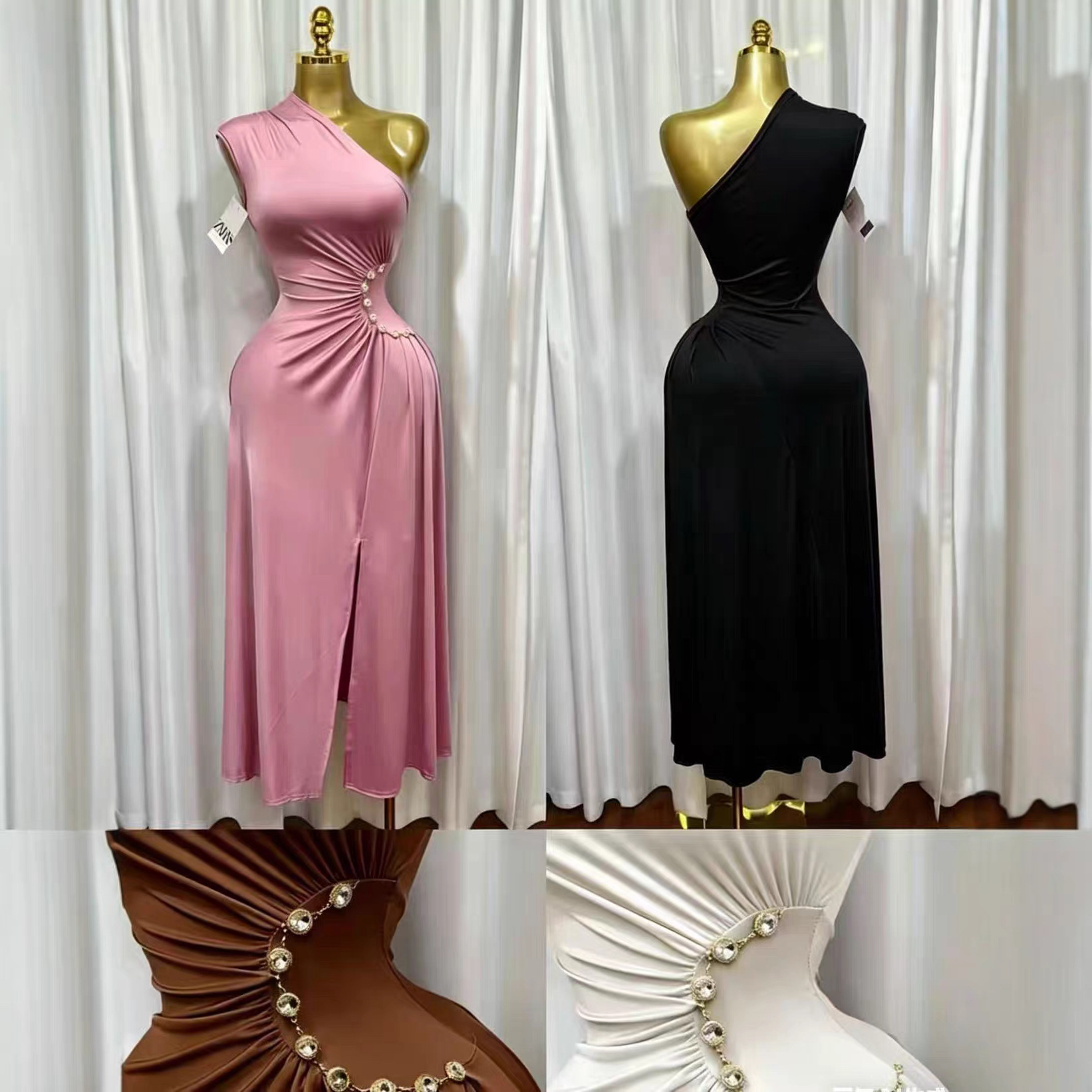 跨境外贸法式气质时尚ins斜肩高端轻奢镂空侧开叉聚会礼服 连衣裙