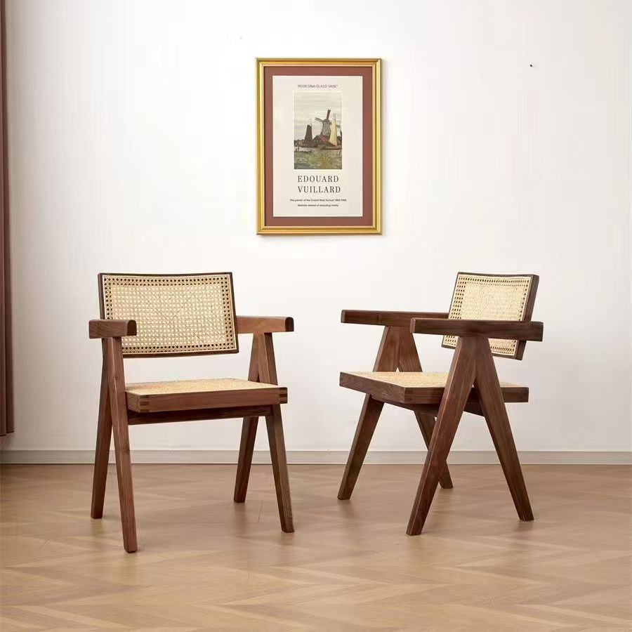 Wabi-Sabi Style Solid Wood Dining Chair with Rattan Backrest, Trendy Chair for Home, Guesthouse, Balcony, Bedroom, Rattan Chair