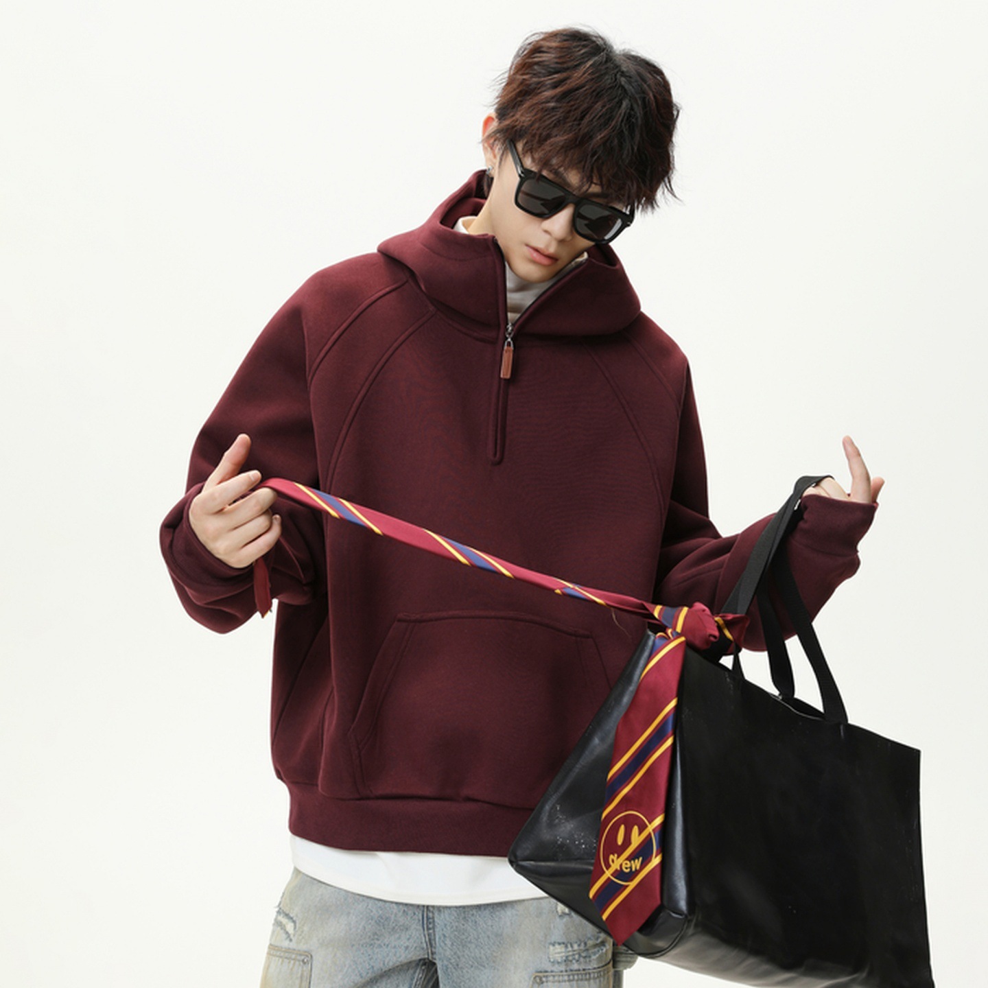 3D Split Half-Zip Herren-Kapuzenjacke, Herbst/Winter: Neue, schwere, dicke Jacke mit Halb-Rollkragen und Raglanärmeln._voghion.com