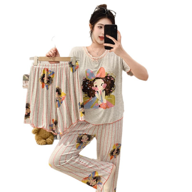 Pijamas de algodón modal para niñas dopamina, pantalones de manga corta de verano para mujer, lindo traje de tres piezas con almohadilla para el pecho, servicio a domicilio