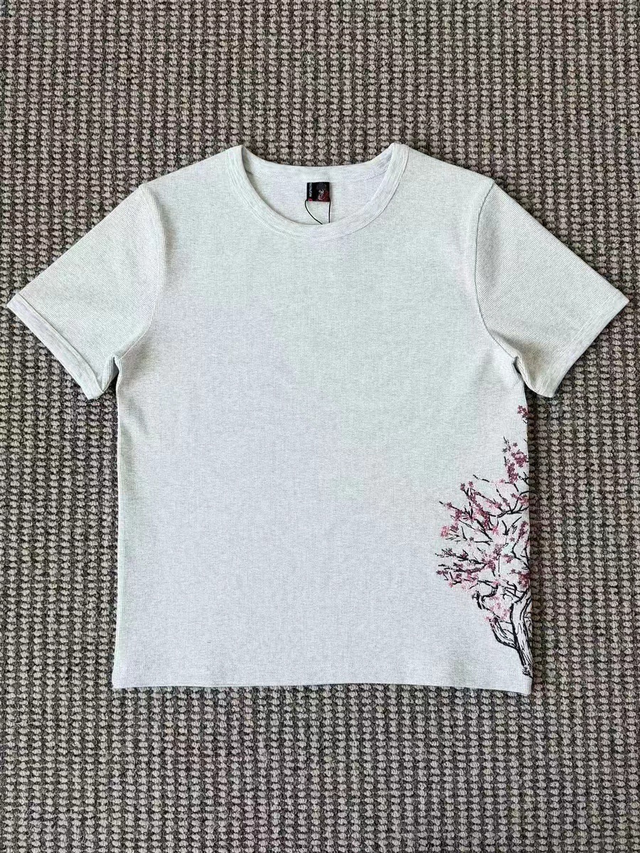 High-Quality Derschutze Cross-Border American Street Style Embroidered Cherry Blossom Short-Sleeve T-Shirt Trendy Base Shirt Round Neck Top