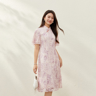 【Pink and White Mist】New Chinese Style Improved Lace Cheongsam Dress Slimming Plus Size Women's Clothing for Plus Size Women Summer New Style