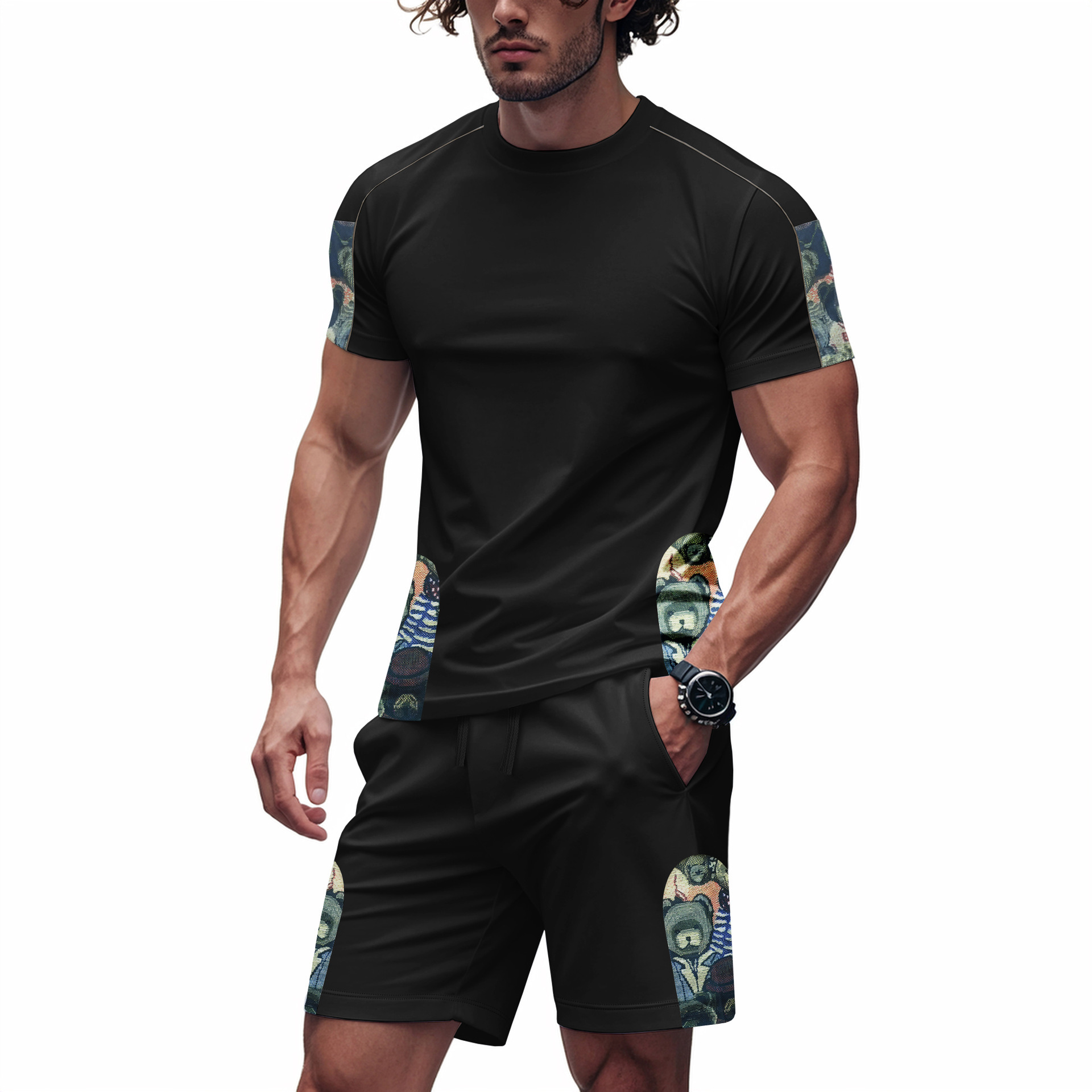 Men's Clothing Men's Trendy Sports Casual Hip Hop Round Neck Short Sleeve Bear Print Loose Fit Breathable Suit High Street Style_viptrois.com