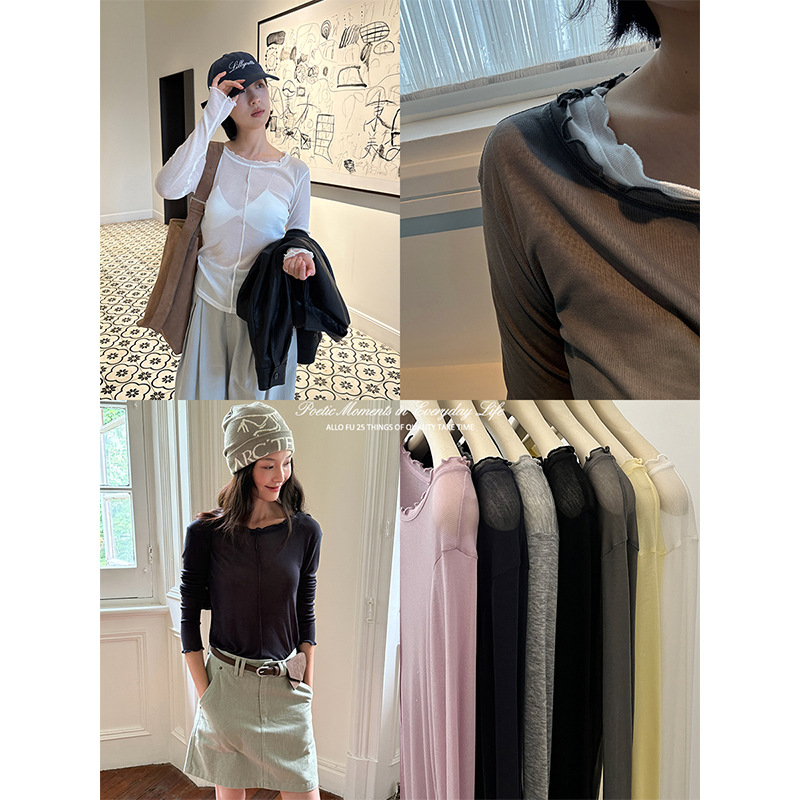 [Clearance, No Returns] Autumn Korean Style Pure Desire Lightweight Sheer Lace Long Sleeve Slim Fit T-Shirt Top for Women 23558