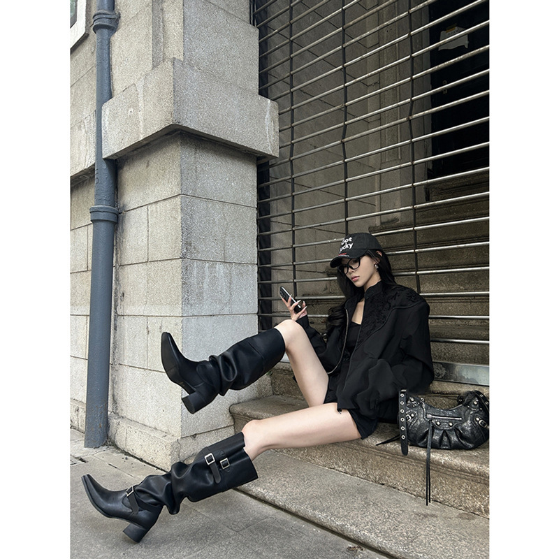 In-Stock and Ready to Ship~ French-Style Pointed Toe Height-Increasing Riding Boots for Women, Trendy Stacked Boots, Niche Over-The-Knee Martin Boots